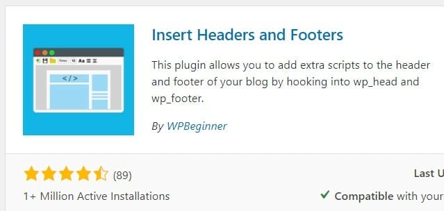 app installation screen for the "insert headers and footers" plugin