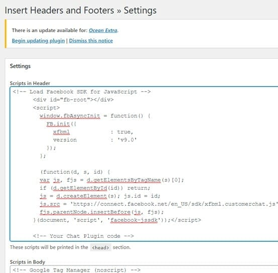 compiled facebook code sample being pasted into the insert headers and footers plugin