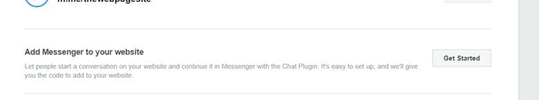 facebook business page messaging configuration wizard. showing option to "add messenger to your website" and option to "get started"